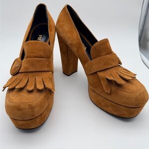 Prada Platform Loafers Suede Cognac Brown Kiltie Fringe Block Heel